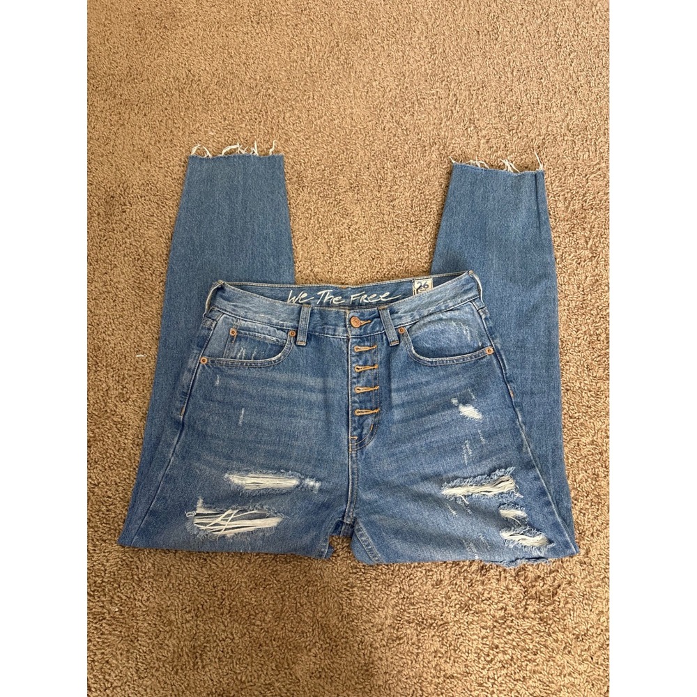 Free People We The Free High Rise Distressed Skinny Jeans Blue Button Fly 26